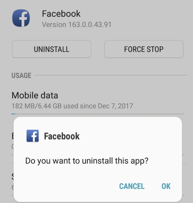Facebook uninstall page on mobile app
